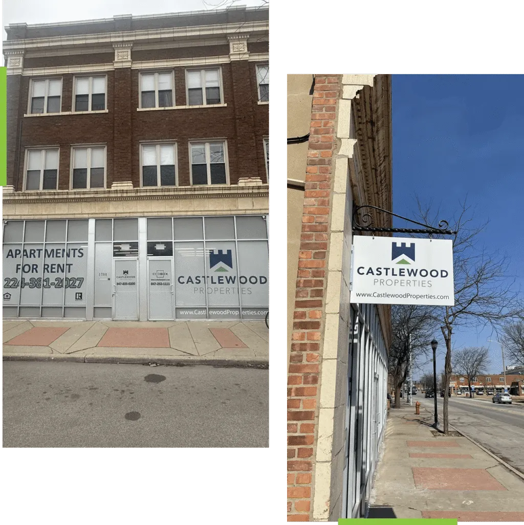 The Castlewood Properties office at 1700 Sheridan Road in North Chicago, with apartments for rent signage and the Castlewood sign outside